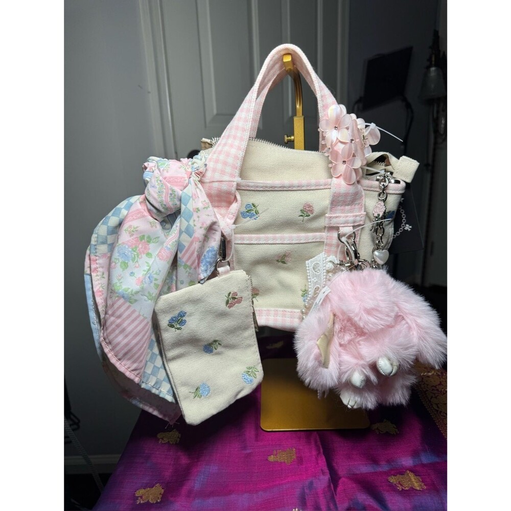 NWT Madden Girl Leti Mini Tote Pink Gingham Floral RARE Variant Bunny Charm